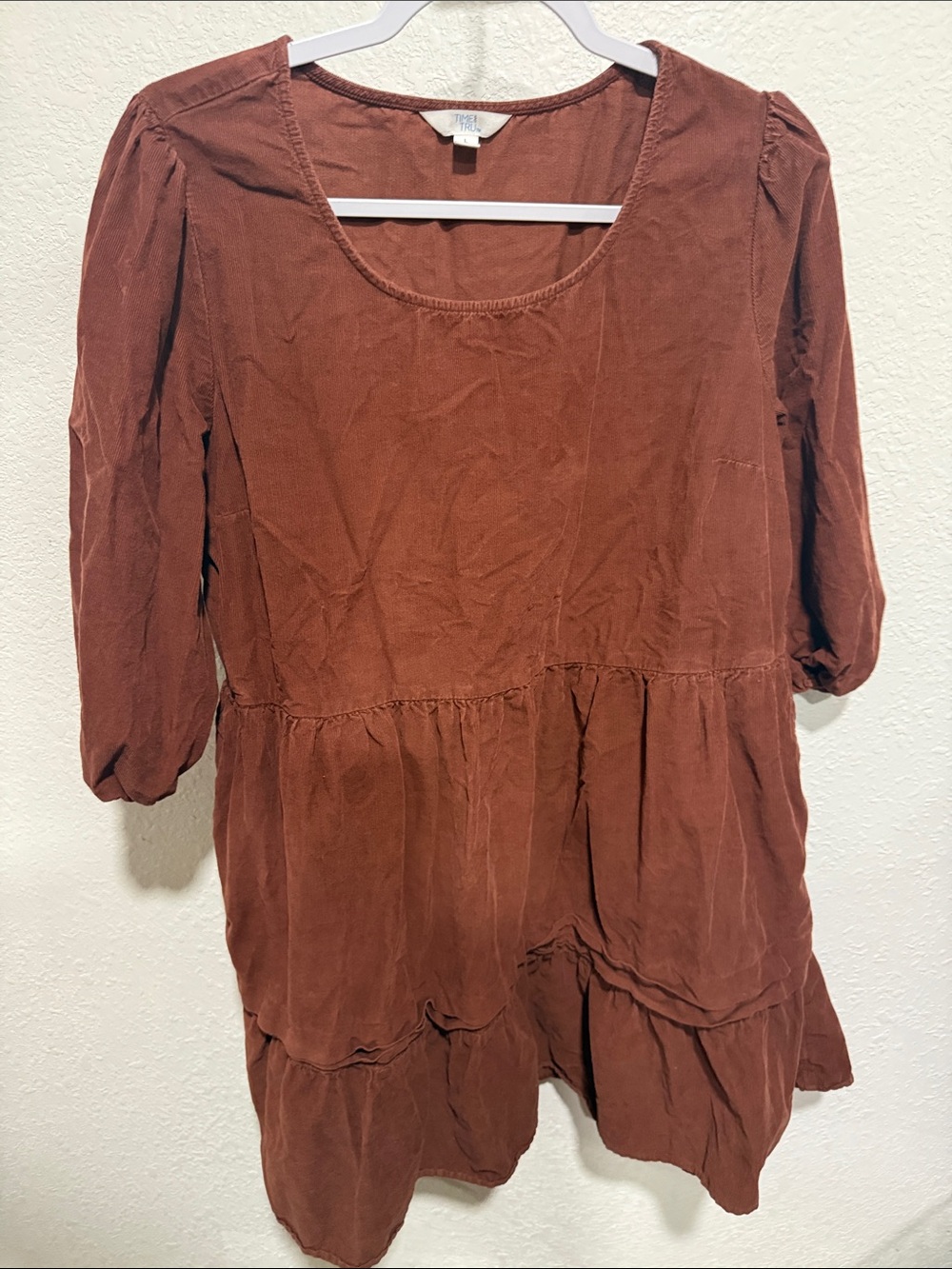 Time and Tru Rust Tiered Long Sleeve Babydoll Dress